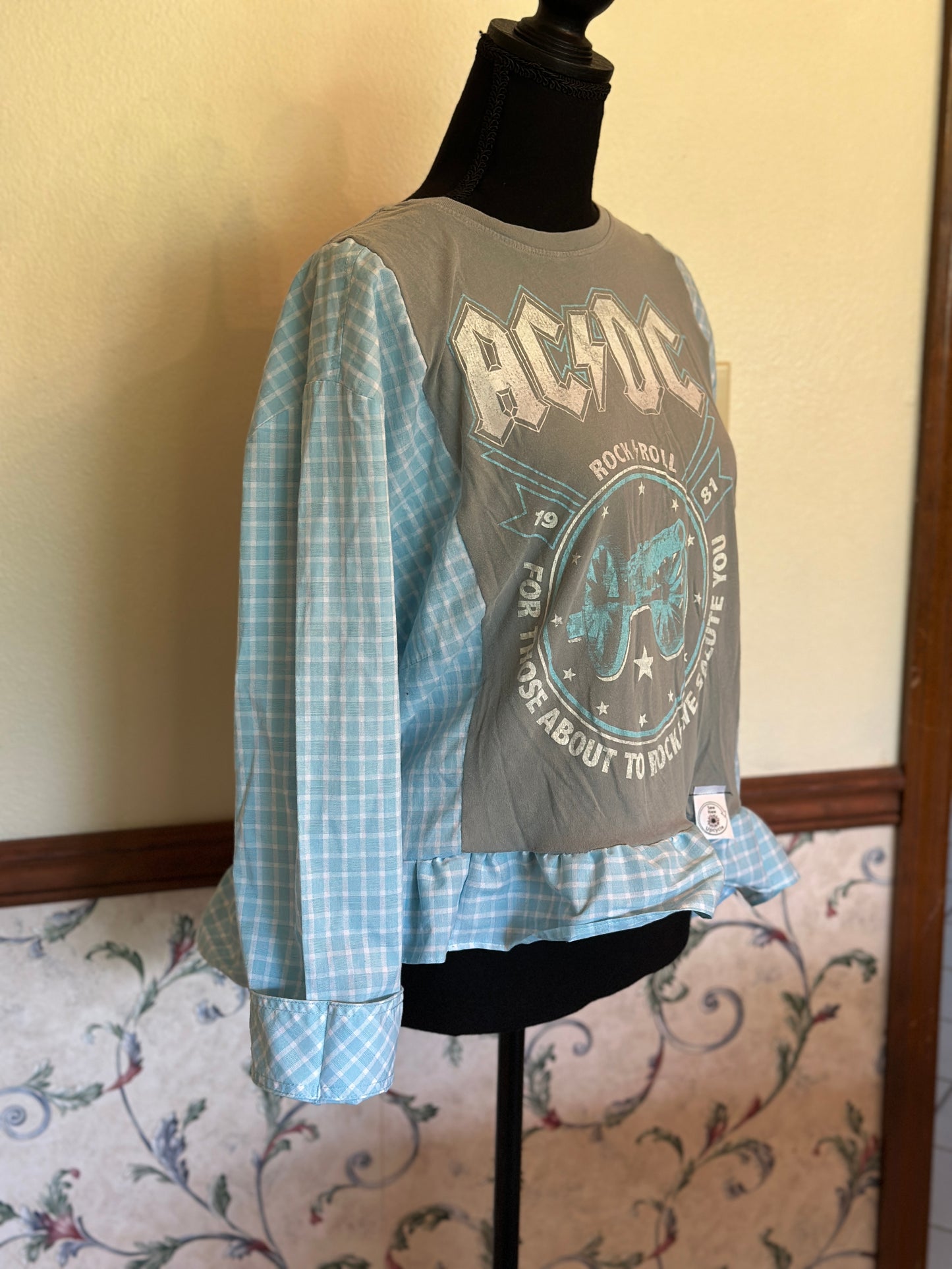 Upcycled AC/DC Graphic Tee with Blouse Sleeves and Ruffled Bottom