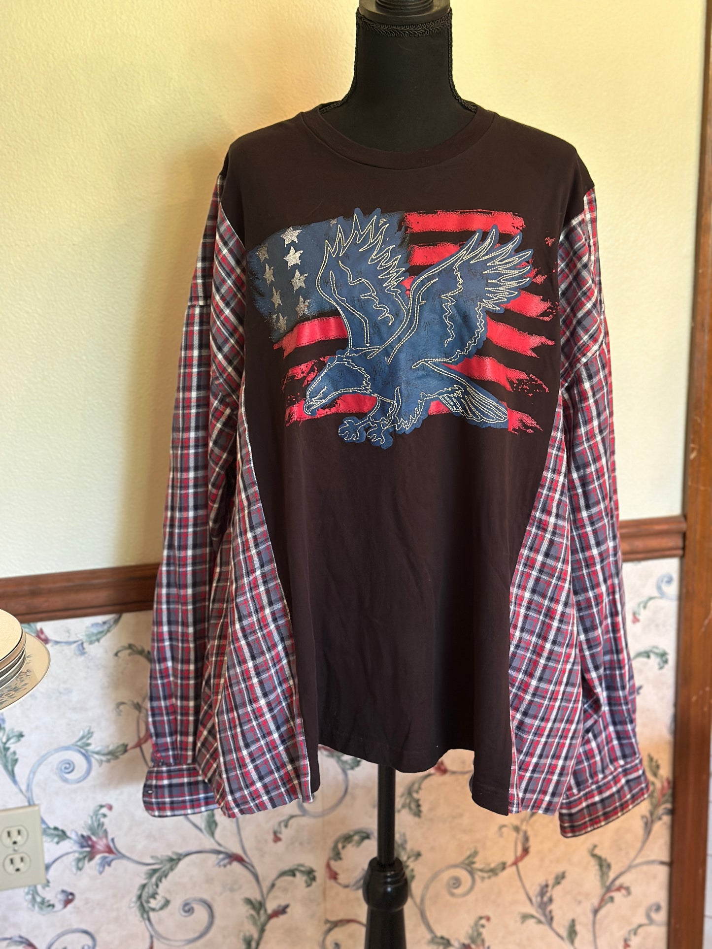 Upcycled America Shirt Eagle Flag with Checked Flannel