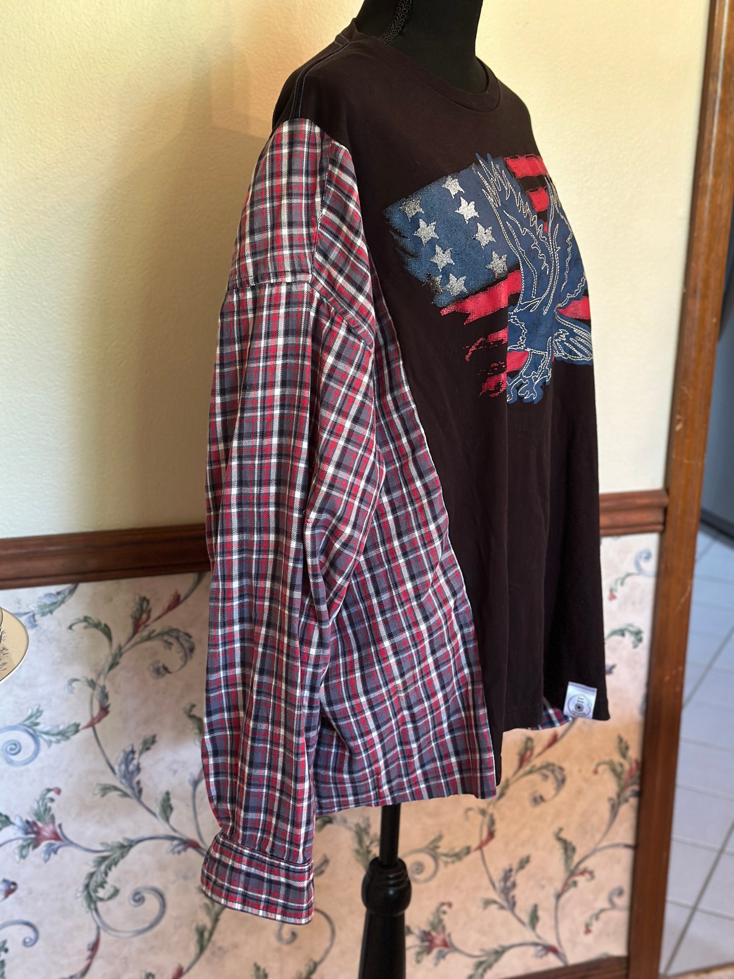 Upcycled America Shirt Eagle Flag with Checked Flannel