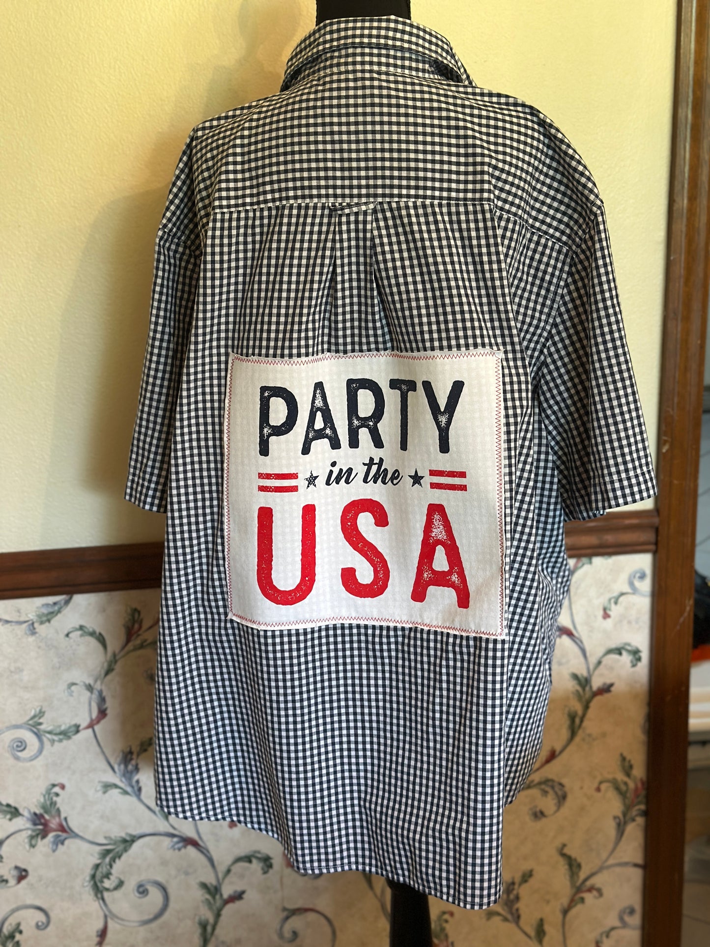 Upcycled "Party in the USA" T-Shirt on Short Sleeve Button Up