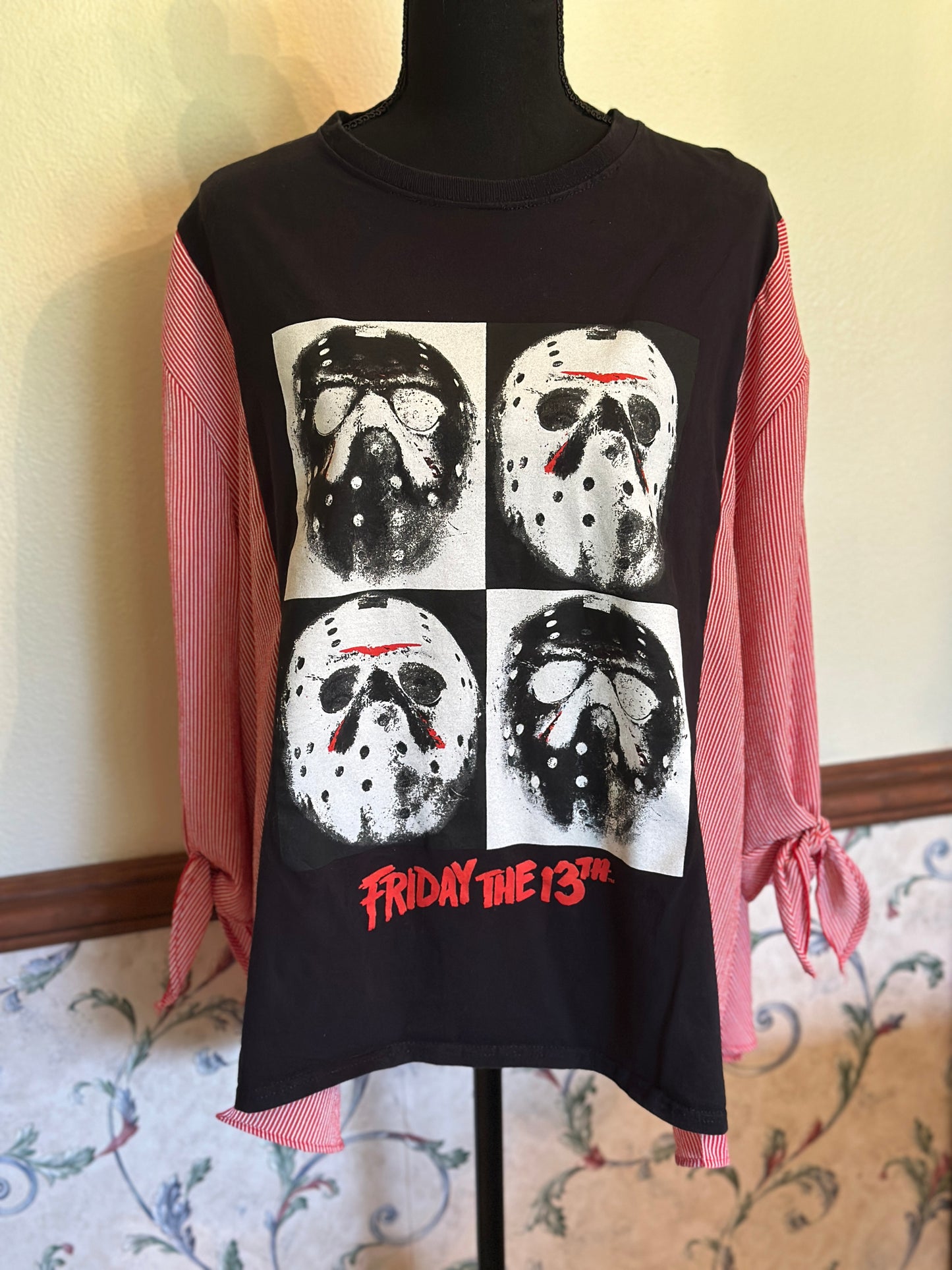 Upcycled "Friday the 13th" Jason Masks T-Shirt with striped dress sleeves
