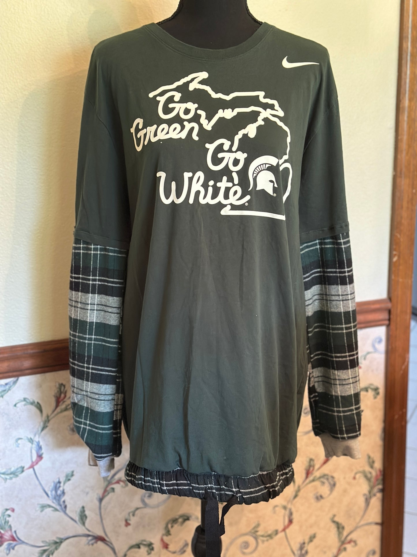 Upcycled "Go Green Go White" Michigan State Nike Tee added Flannel Sleeves and Drawstring
