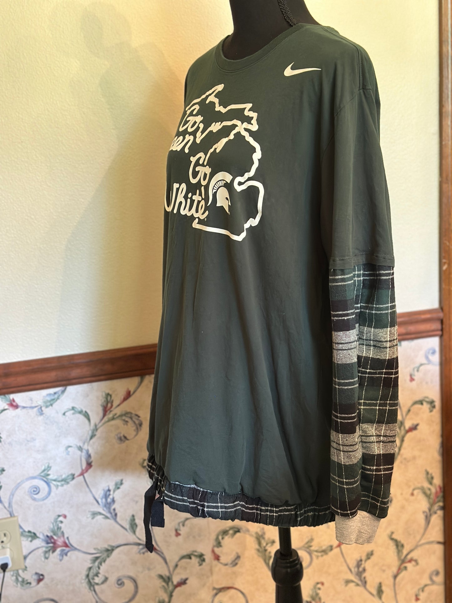 Upcycled "Go Green Go White" Michigan State Nike Tee added Flannel Sleeves and Drawstring