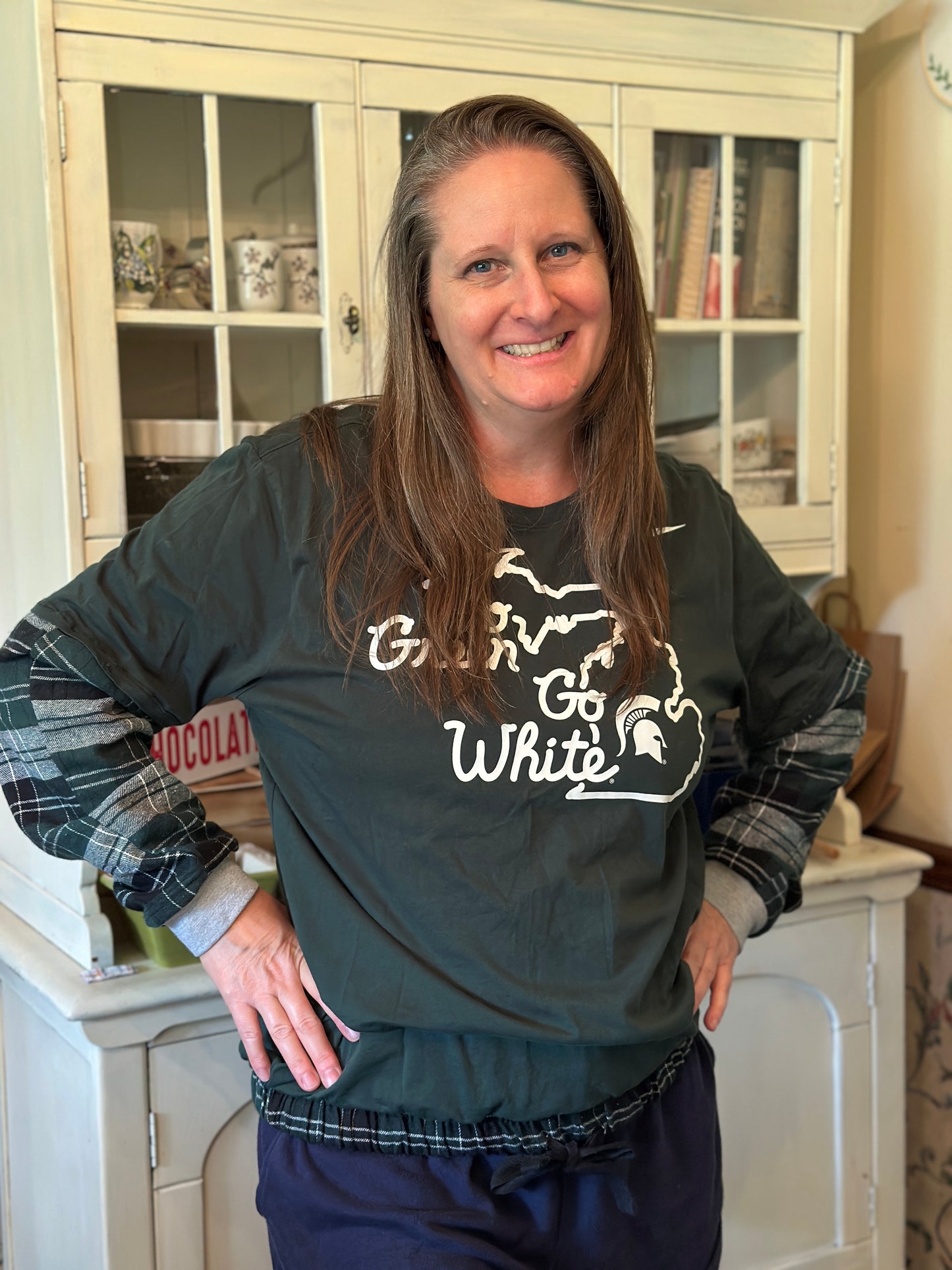Upcycled "Go Green Go White" Michigan State Nike Tee added Flannel Sleeves and Drawstring