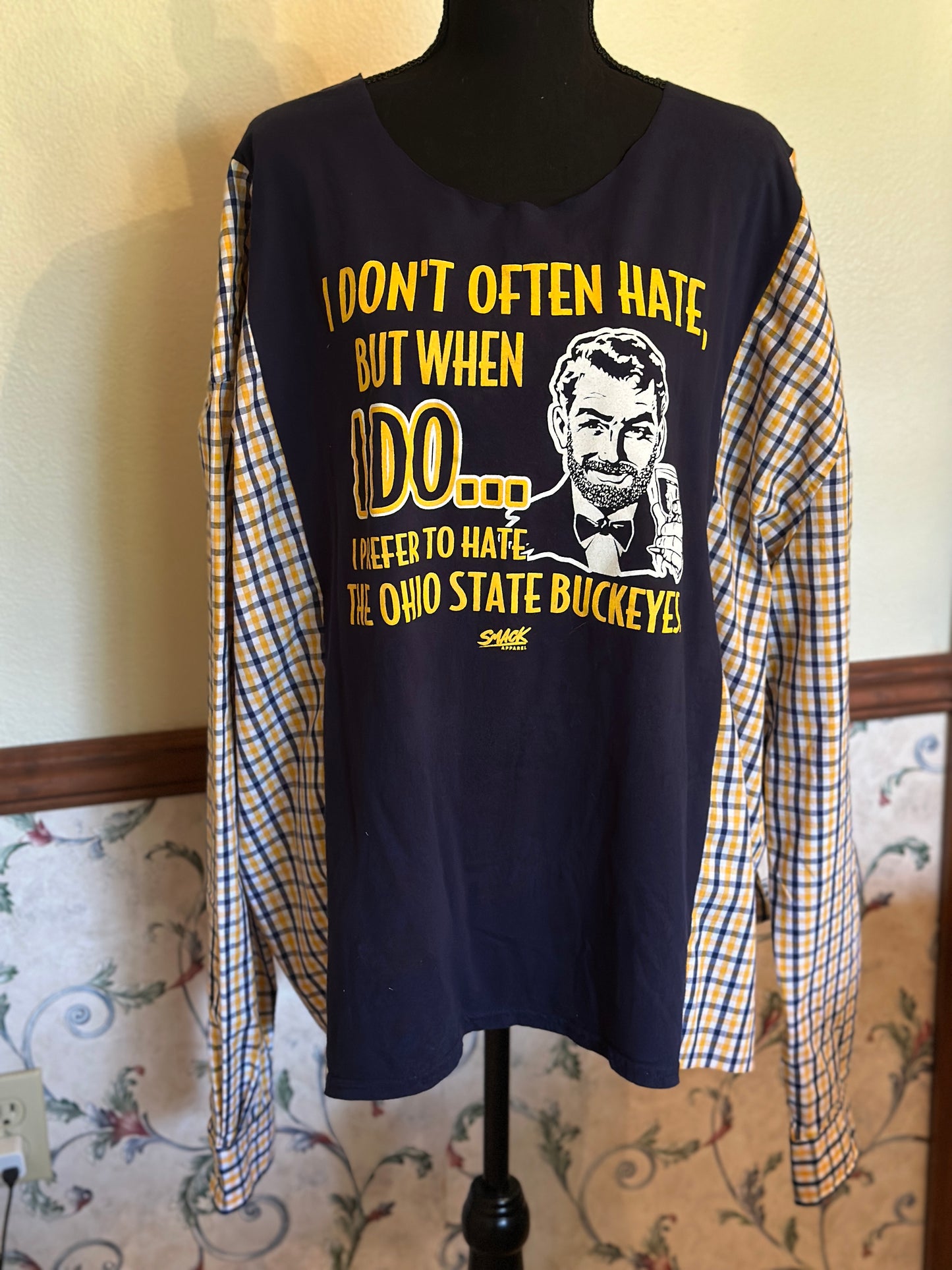 Upcycled Humorous University of Michigan Sports Tee with Checkered Sleeves