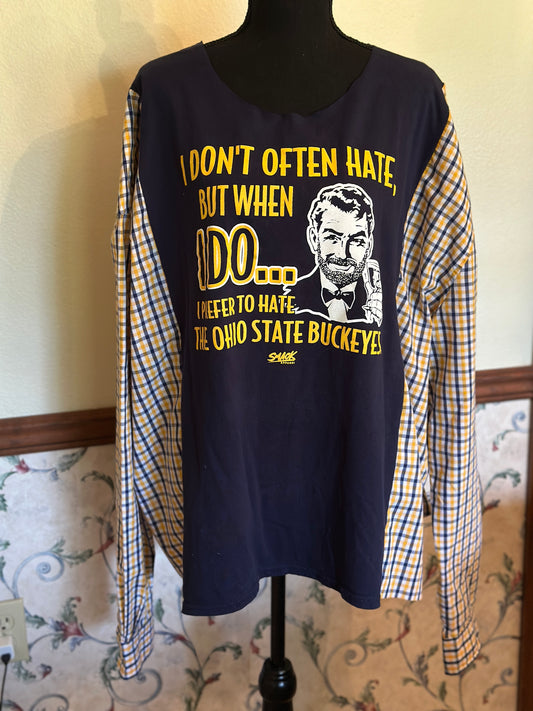 Upcycled Humorous University of Michigan Sports Tee with Checkered Sleeves