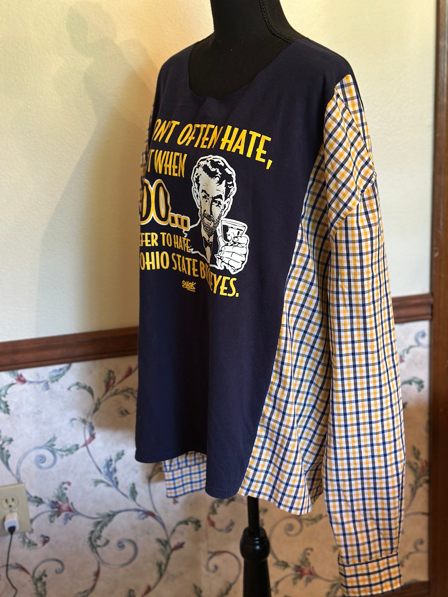 Upcycled Humorous University of Michigan Sports Tee with Checkered Sleeves