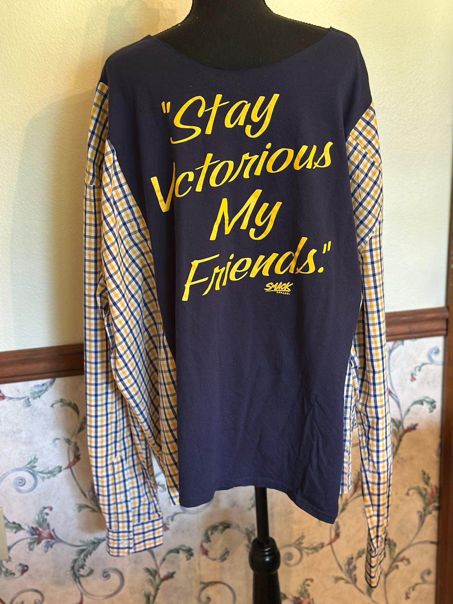 Upcycled Humorous University of Michigan Sports Tee with Checkered Sleeves