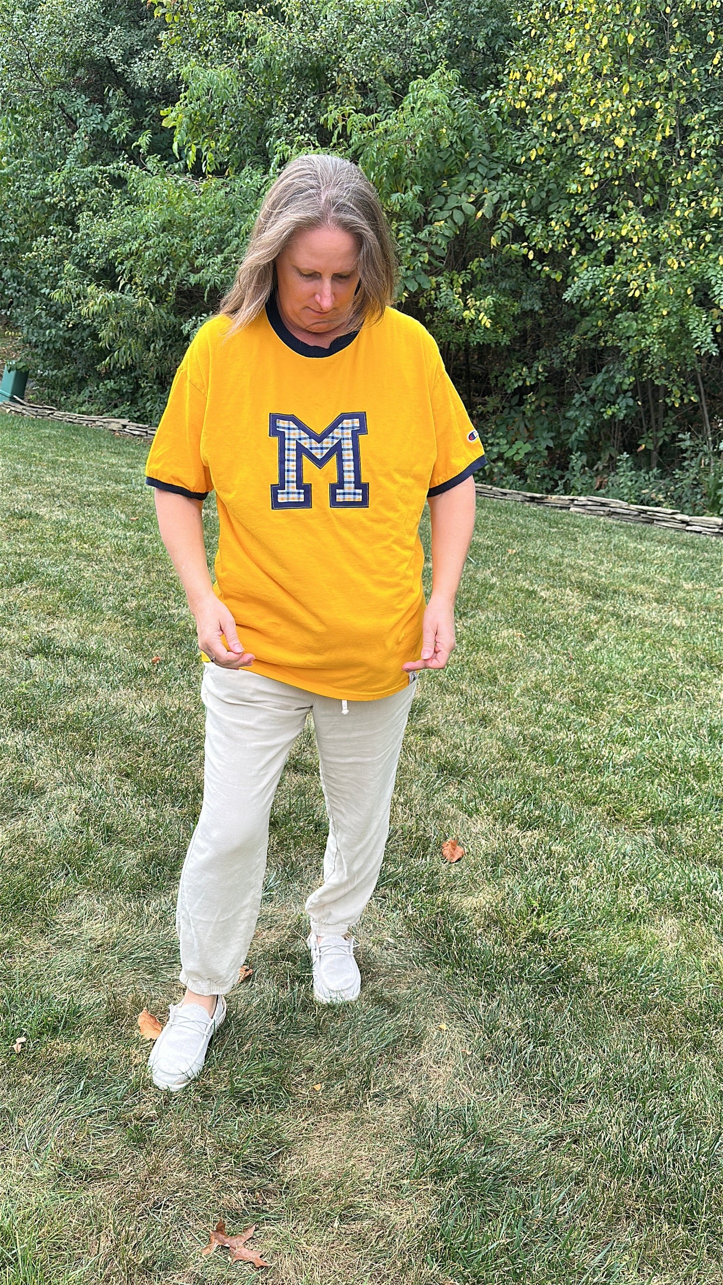 Upcycled Maize Champion Tee with Michigan M Blue Edging XL