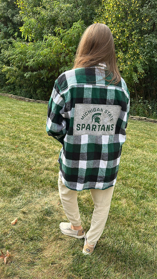 Upcycled Michigan State MSU Tee on back Heavy Flannel Jacket/Shirt
