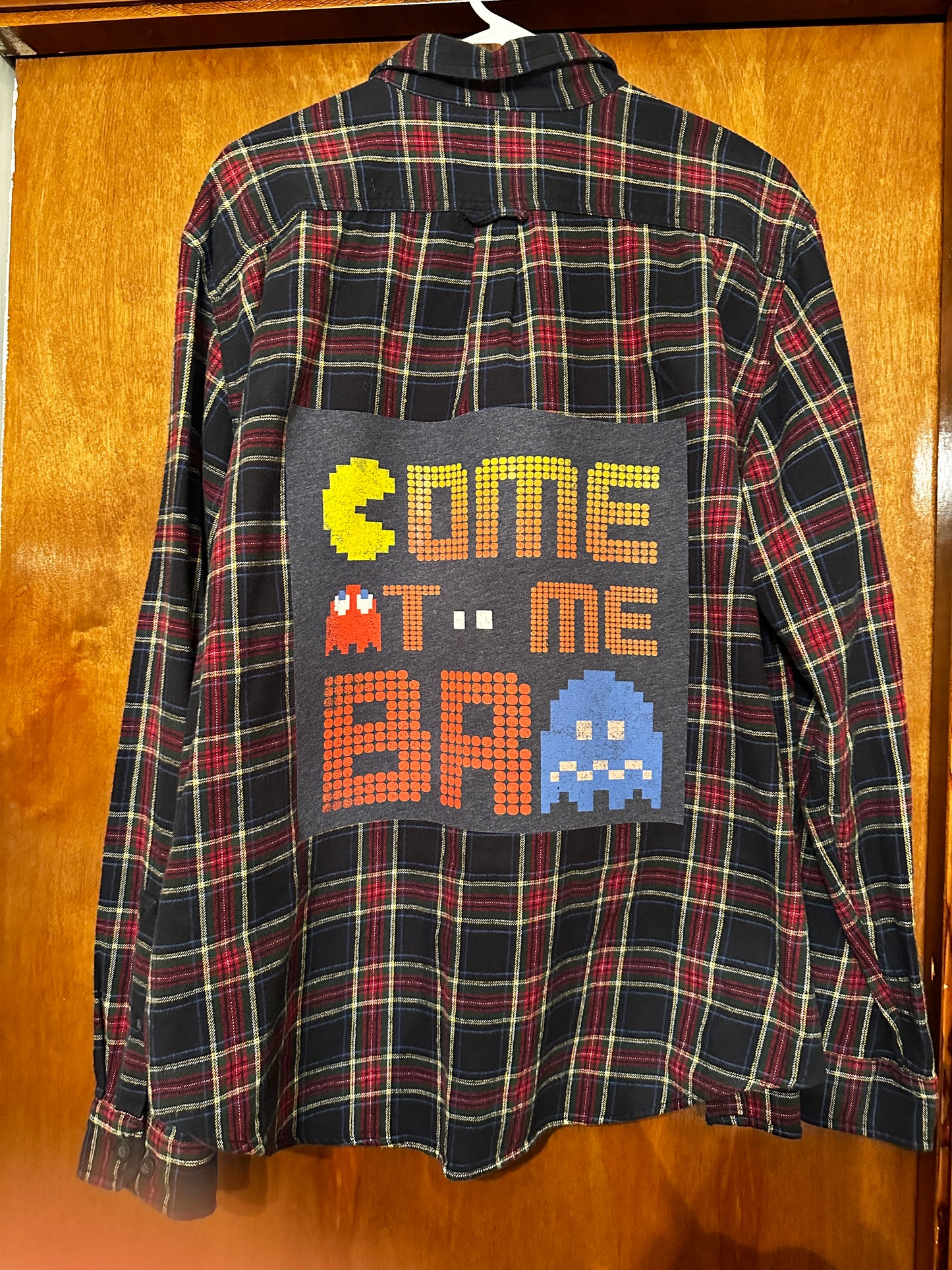 Upcycled Pac-Man T-Shirt onto Flannel Shirt