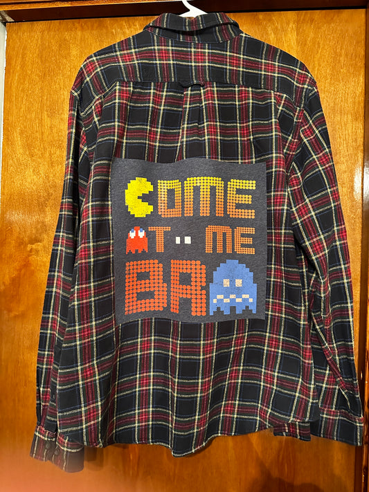 Upcycled Pac-Man T-Shirt onto Flannel Shirt