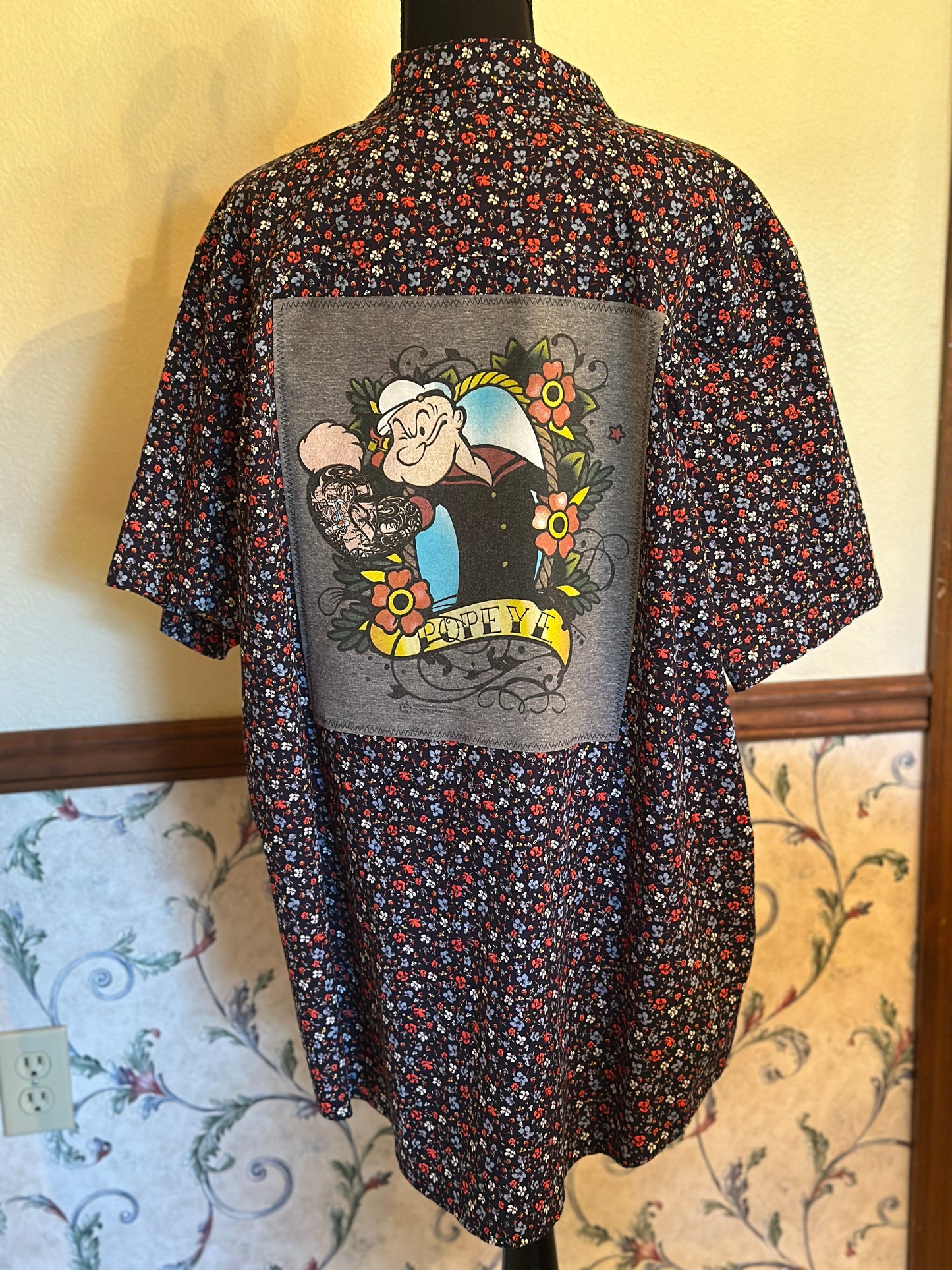 Upcycled Popeye Tee on back Flowered Button Up Universal