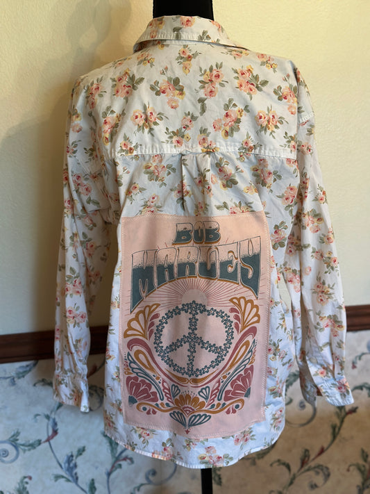 Upcycled Bob Marley T-Shirt Graphic on back of LizSport Floral Button Up