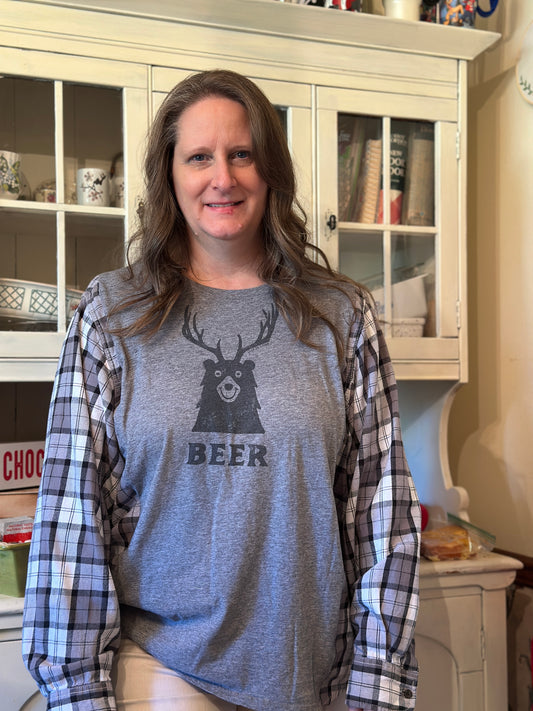 Upcycled "Beer" Life is Good T-shirt and Denim Style Shirt