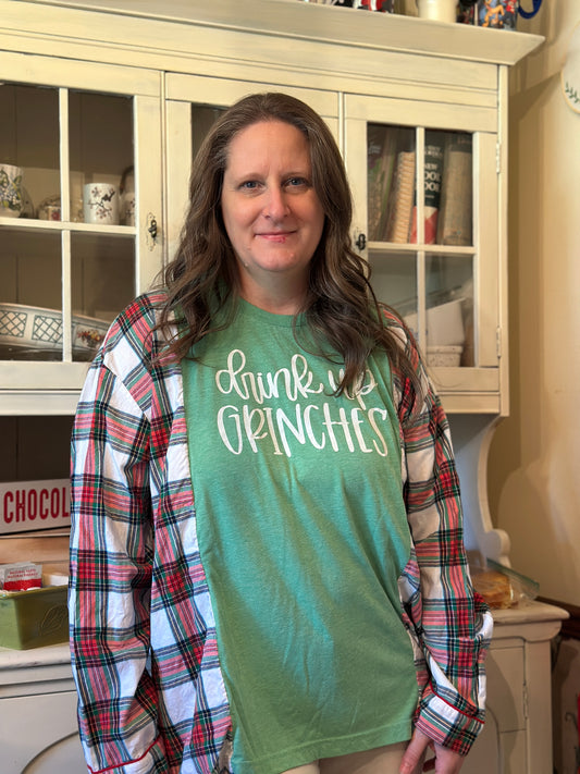 Upcycled "Drink Up Grinches" T-shirt and Flannel
