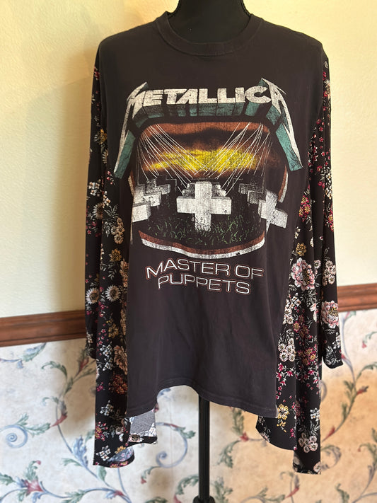 Upcycled Metallica Tee with Long Floral Drapey Sleeves