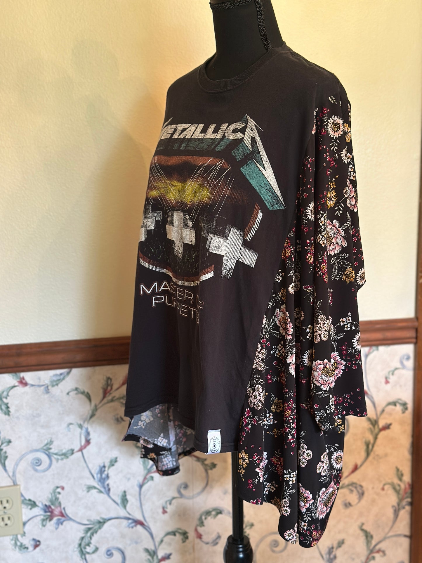 Upcycled Metallica Tee with Long Floral Drapey Sleeves