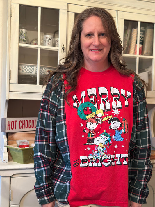 Upcycled Peanuts Gang Christmas T-shirt and Flannel