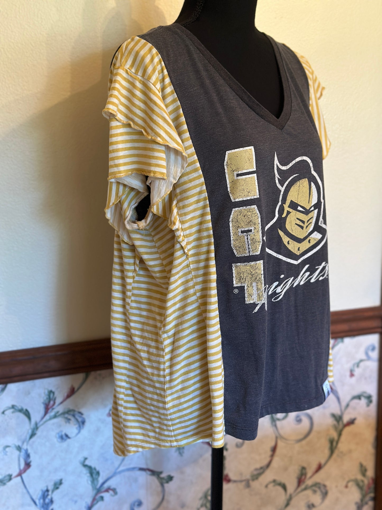 Upcycled UCF Knights V-Neck Tee with Short Striped Layered Sleeves