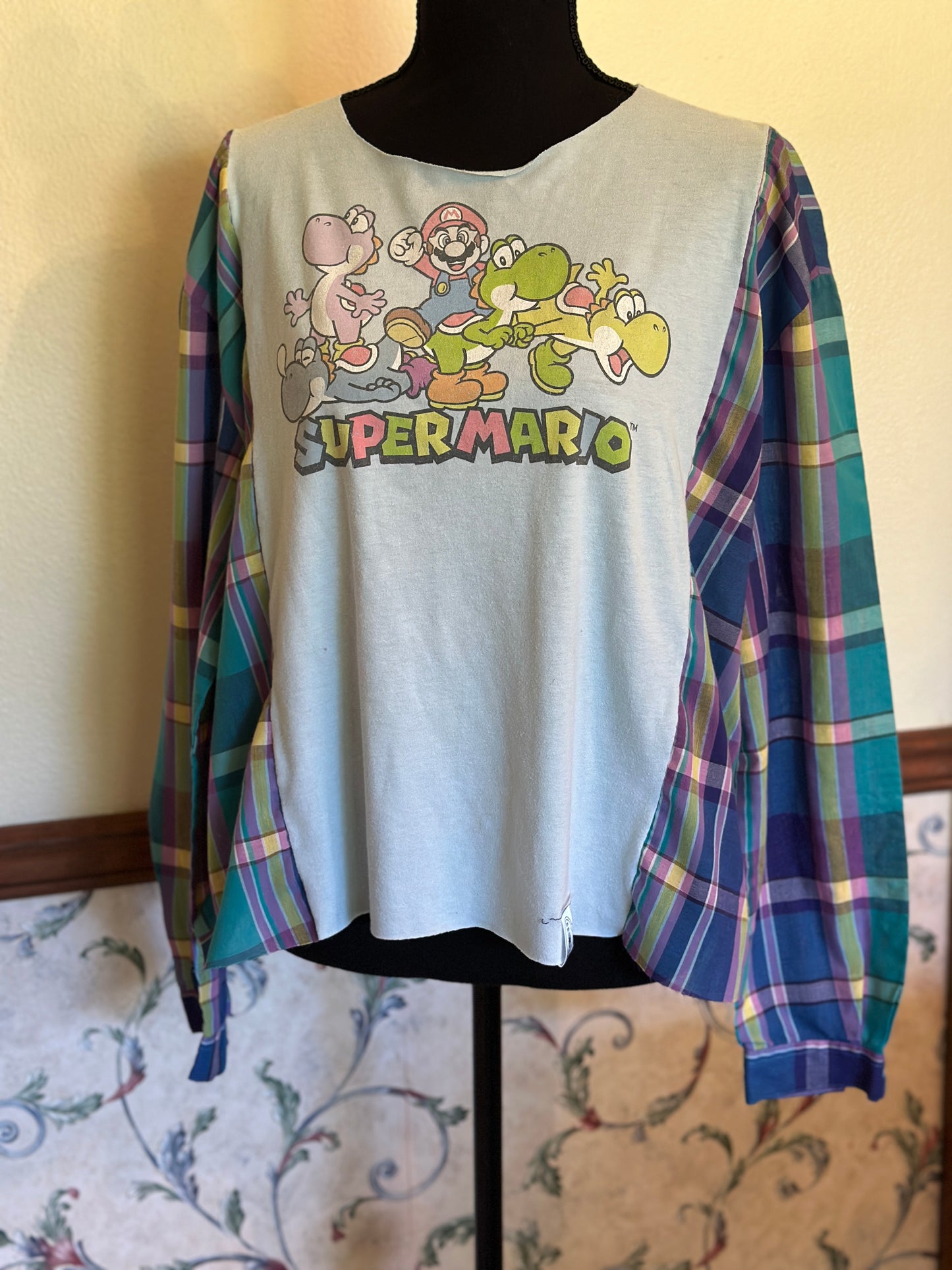 Upcycled Super Mario Pastel T-Shirt with Ladies Long Blouse Sleeves