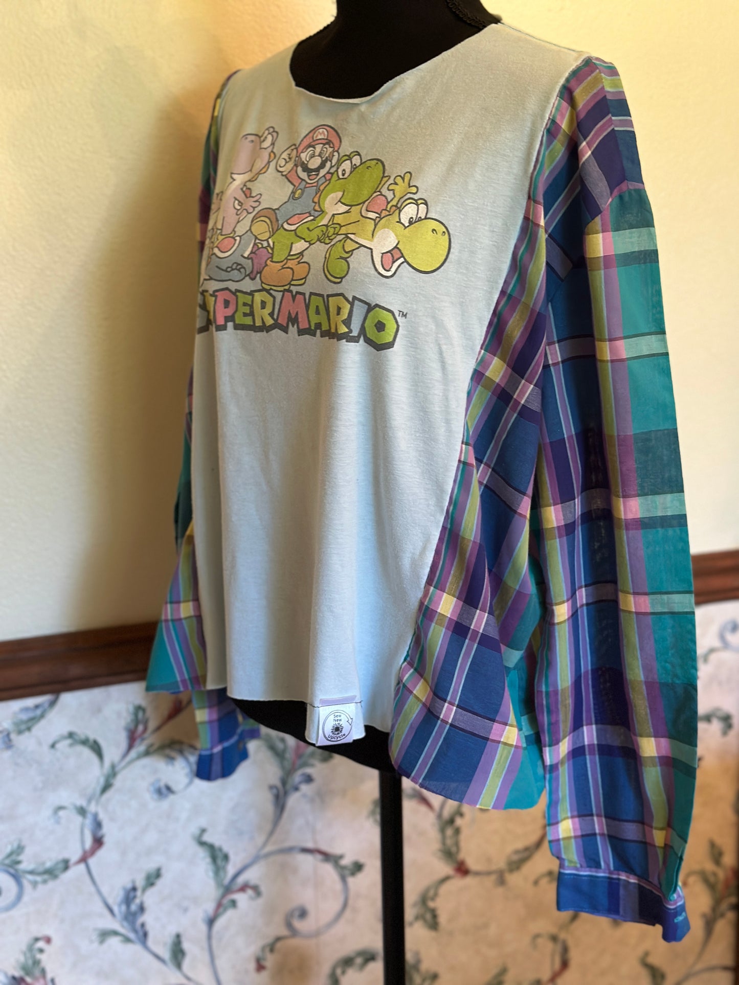 Upcycled Super Mario Pastel T-Shirt with Ladies Long Blouse Sleeves