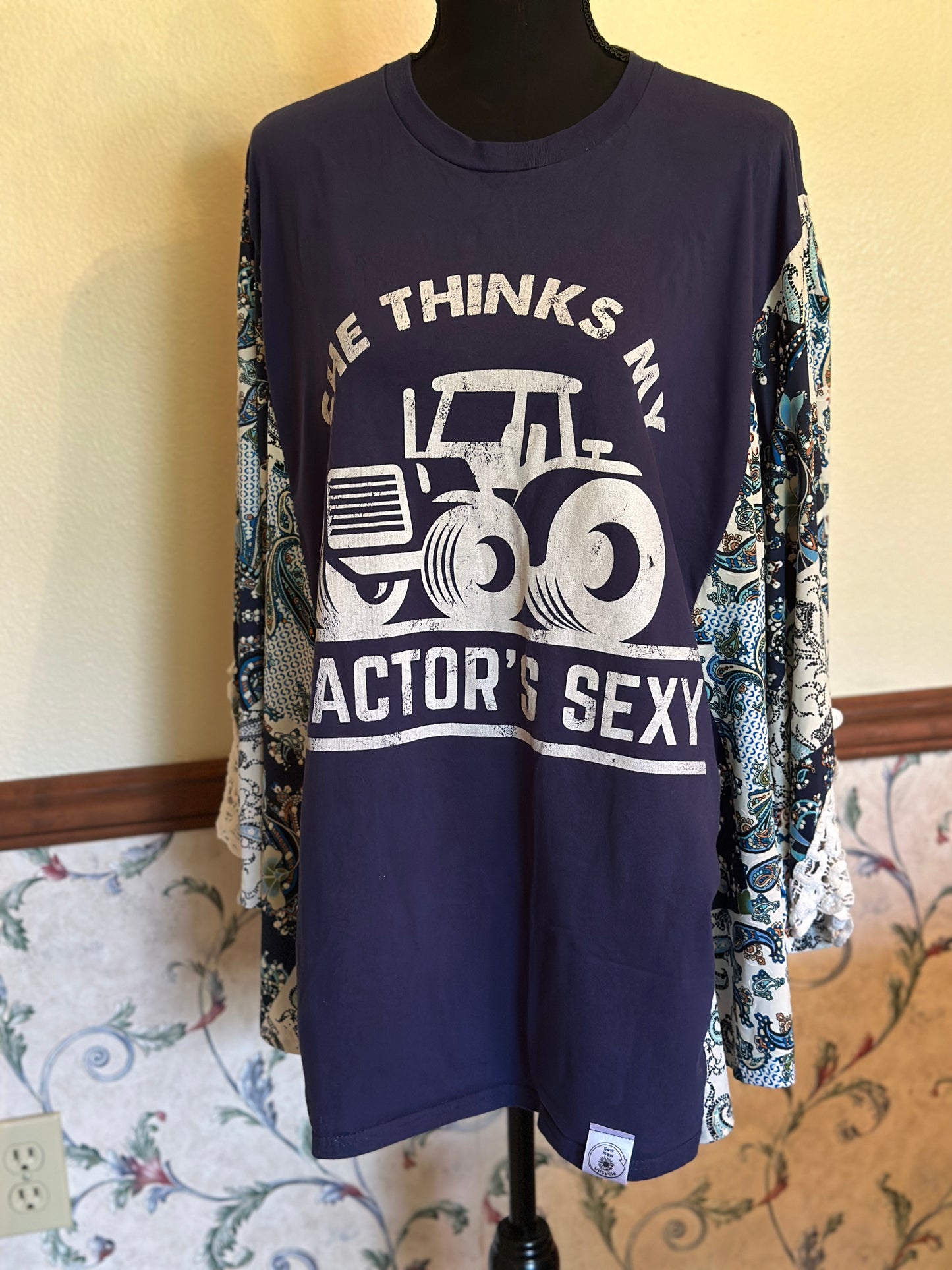 Upcycled "She Thinks my Tractor's Sexy" Shirt with Paisley Drapey Sleeves