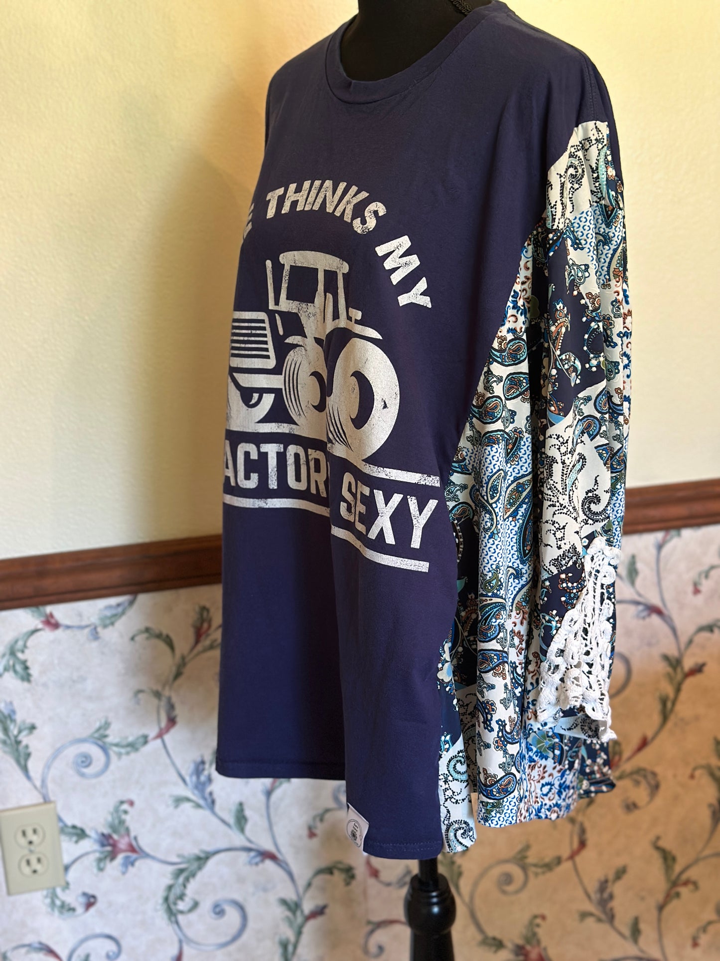 Upcycled "She Thinks my Tractor's Sexy" Shirt with Paisley Drapey Sleeves