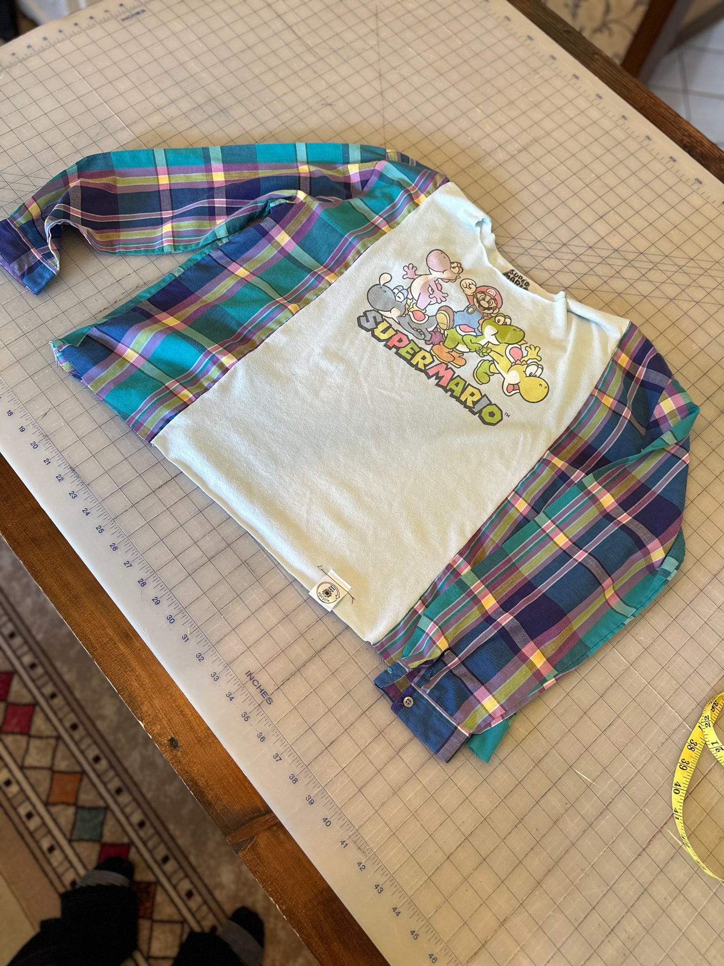 Upcycled Super Mario Pastel T-Shirt with Ladies Long Blouse Sleeves