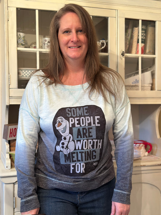 Upcycled Frozen Olaf T-Shirt onto a Sweatshirt