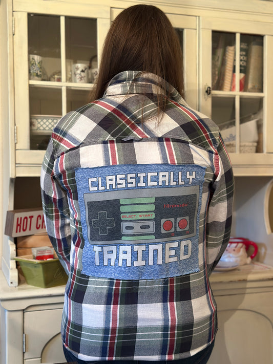 Upcycled Nintendo "Classically Trained" T-Shirt onto Linen Shirt