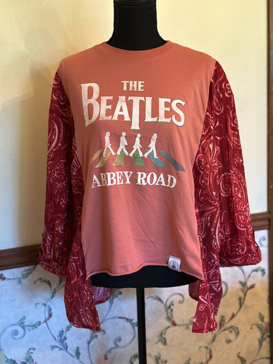 Upcycled Beatles T-Shirt with 3/4 Rust Blouse Sleeves