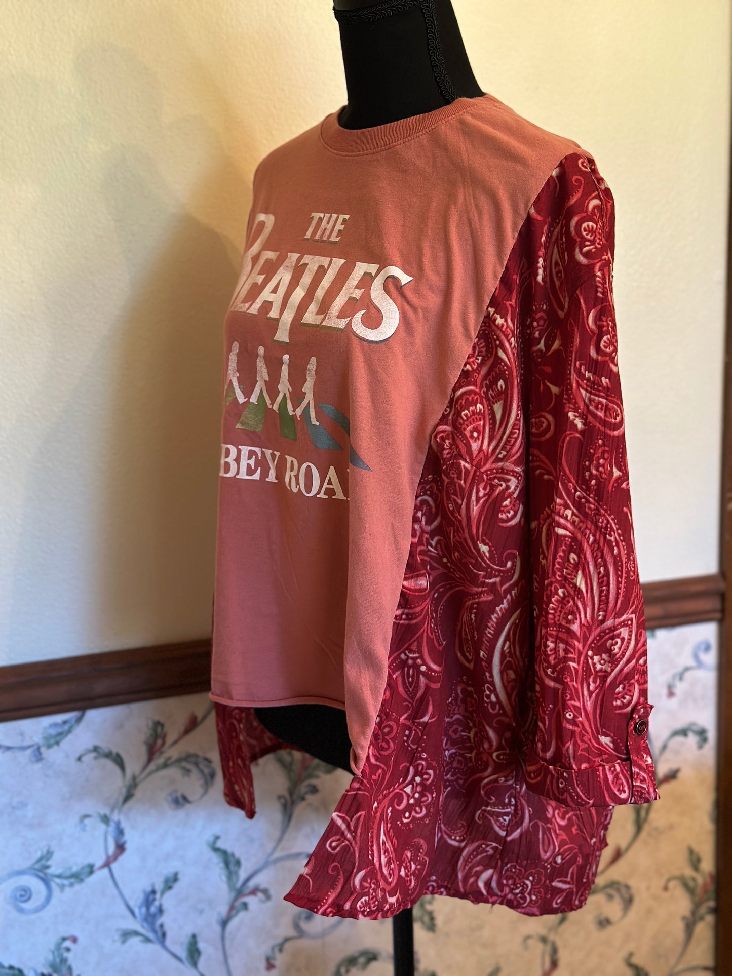 Upcycled Beatles T-Shirt with 3/4 Rust Blouse Sleeves