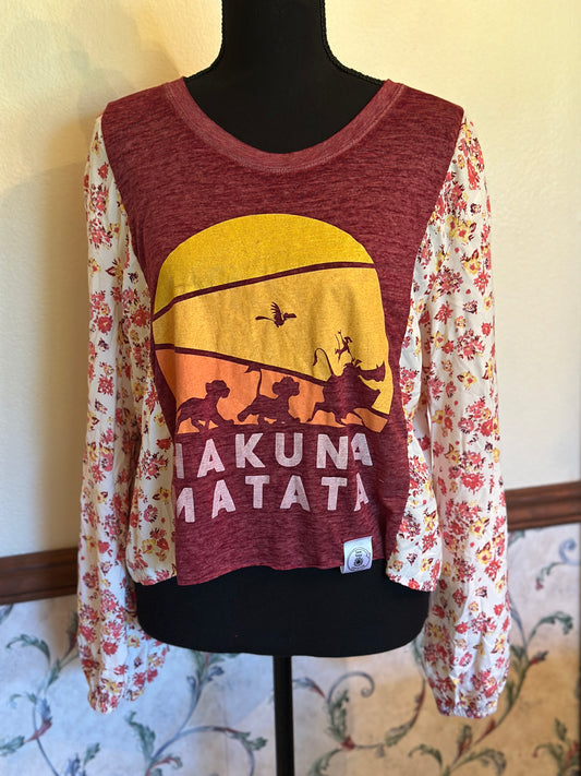 Upcycled Disney "Hakuna Matata" T-Shirt with Floral Dress Sleeves