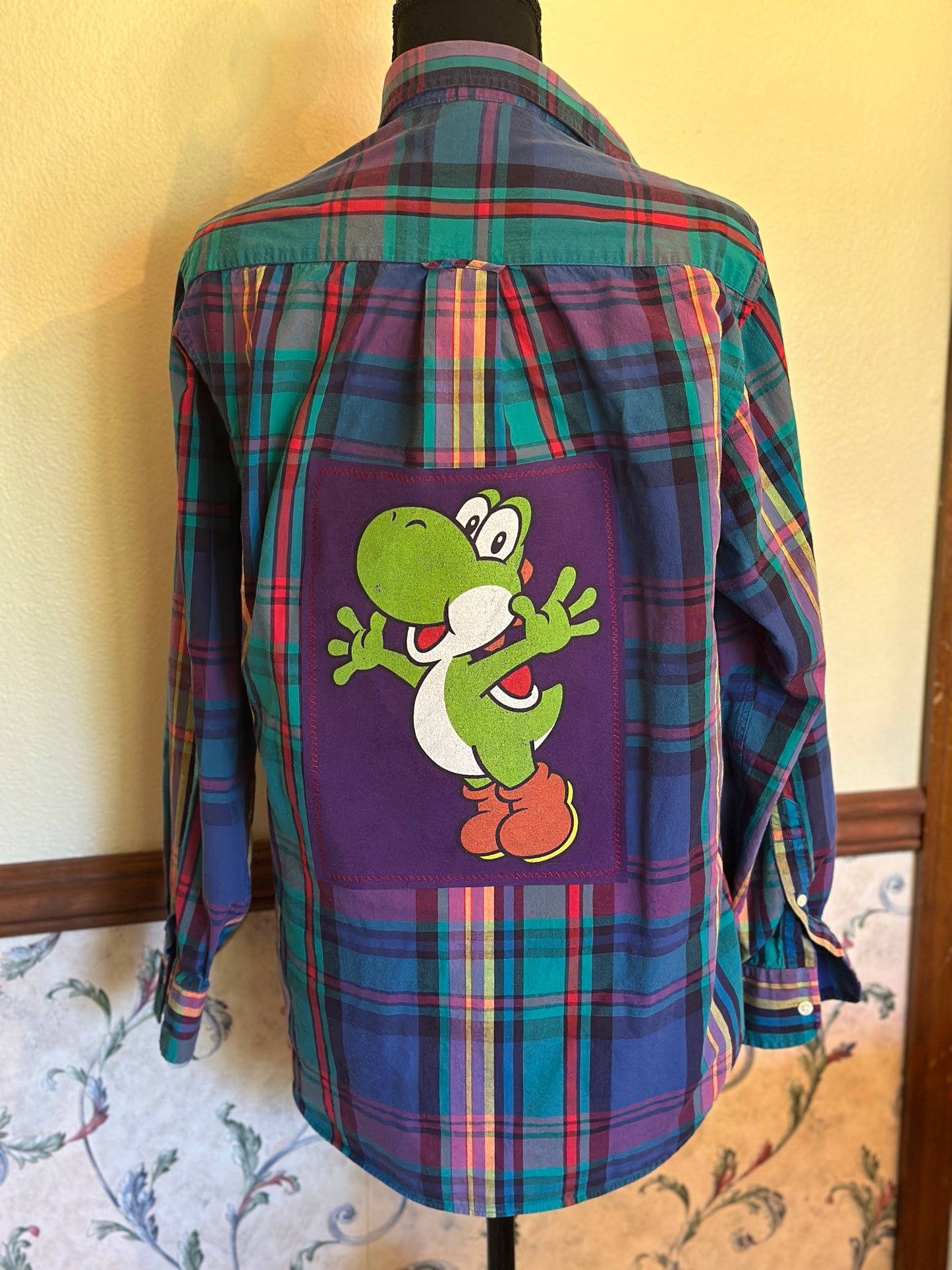 Upcycled Yoshi T-Shirt Graphic on back of Mens Izod Plaid Shirt Small