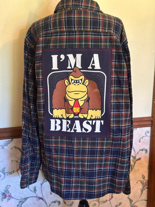 Upcycled Donkey Kong "I'm A Beast" Graphic on back of Navy Plaid Flannel XXL