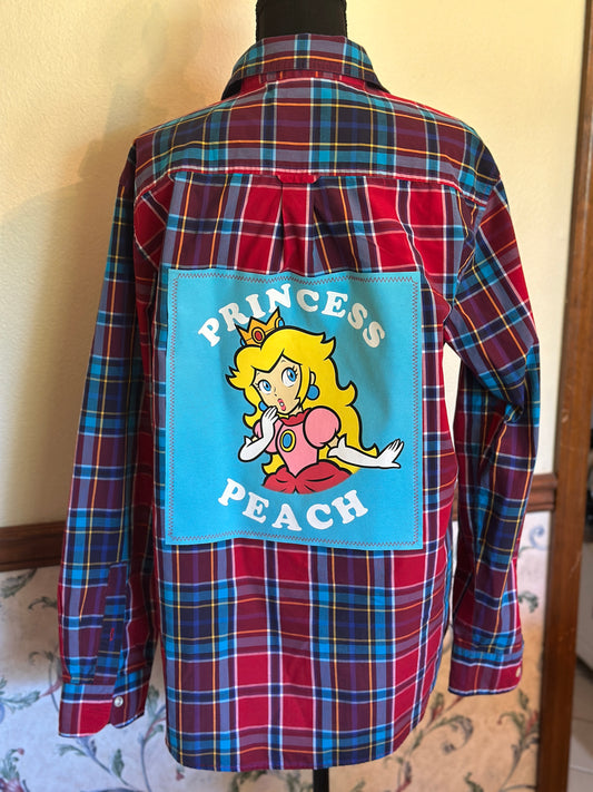 Upcycled Princess Peach Graphic on back of Mens Chaps Plaid Shirt Large