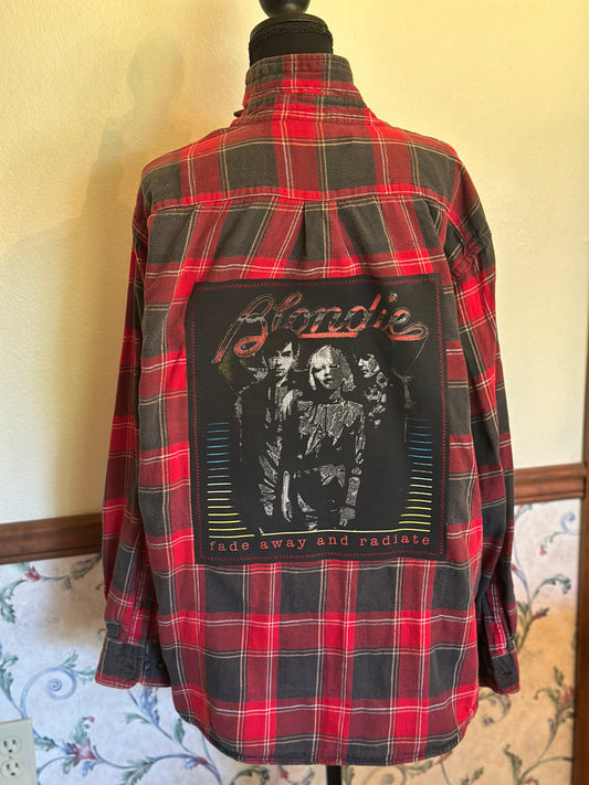 Upcycled Vintage "Blondie" Tee Graphic on back of Red/Gray Flannel