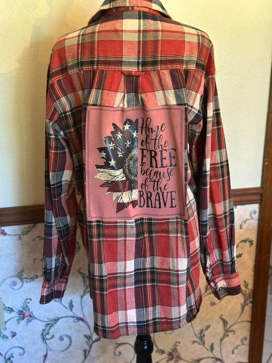 Upcycled "Home of the Free" Tee on back of Mens Denim Style Shirt