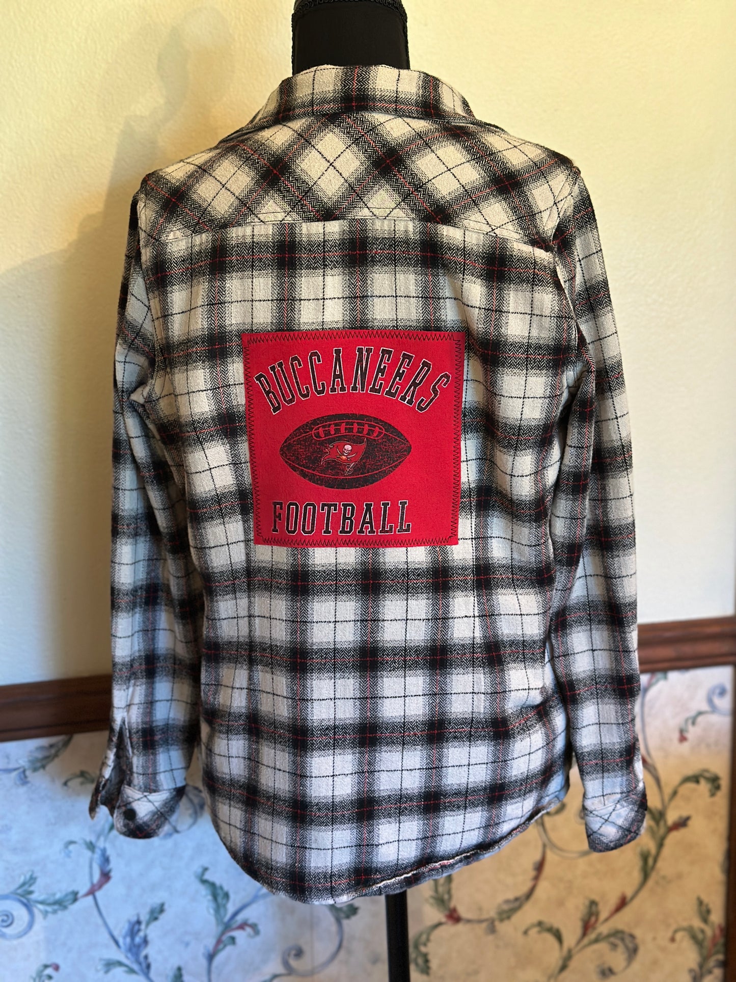 Upcycled Tampa Bay Buccaneers T-Shirt Graphic on back of Lined Plaid Shirt