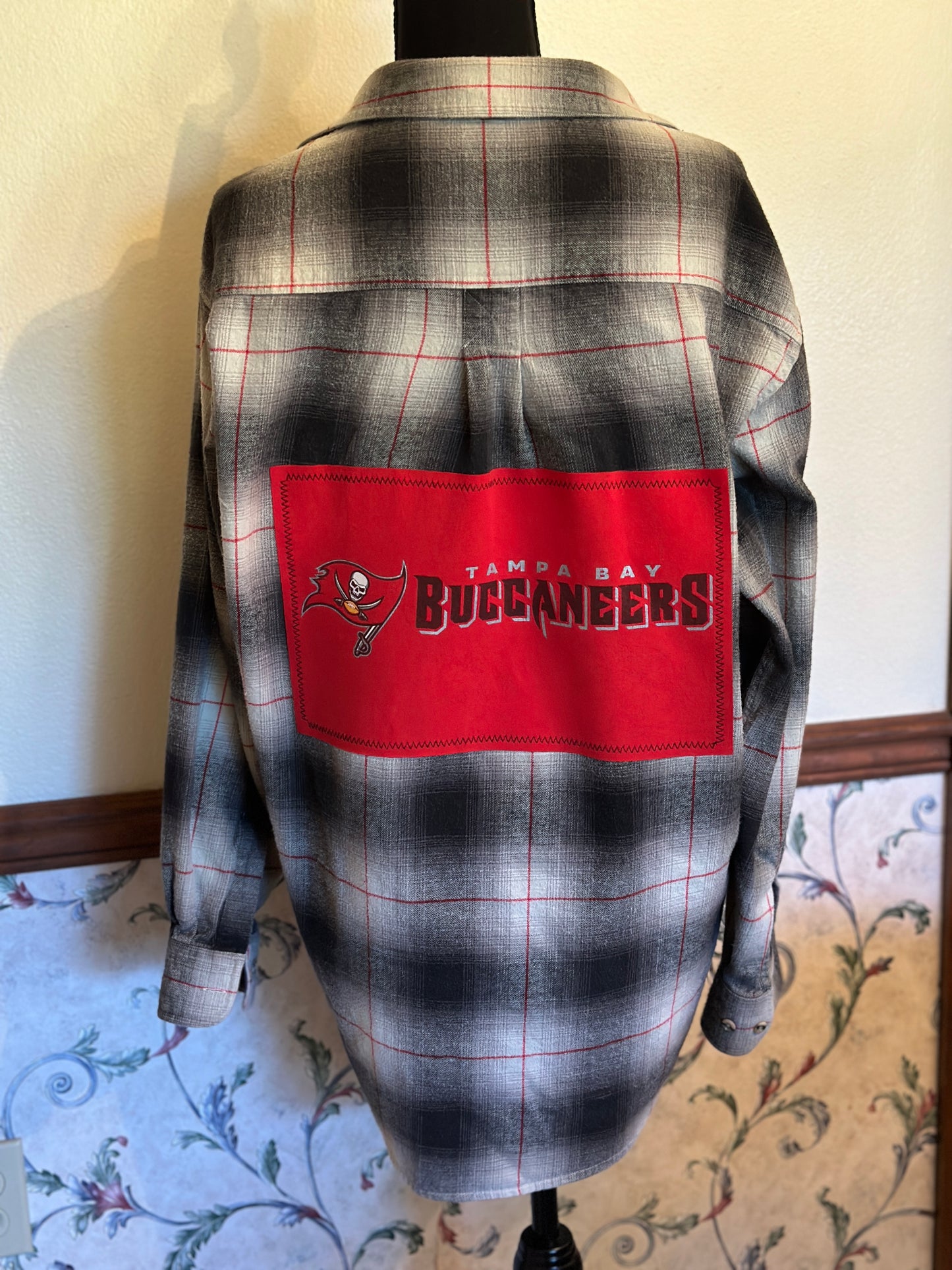 Upcycled Tampa Bay Buccaneers T-Shirt on back of Flannel