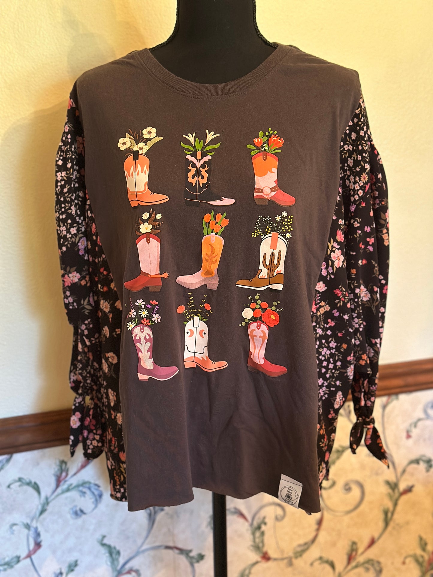 Upcycled Cowgirl Boots with Flowers Tee and Dressy Floral Tie Sleeves