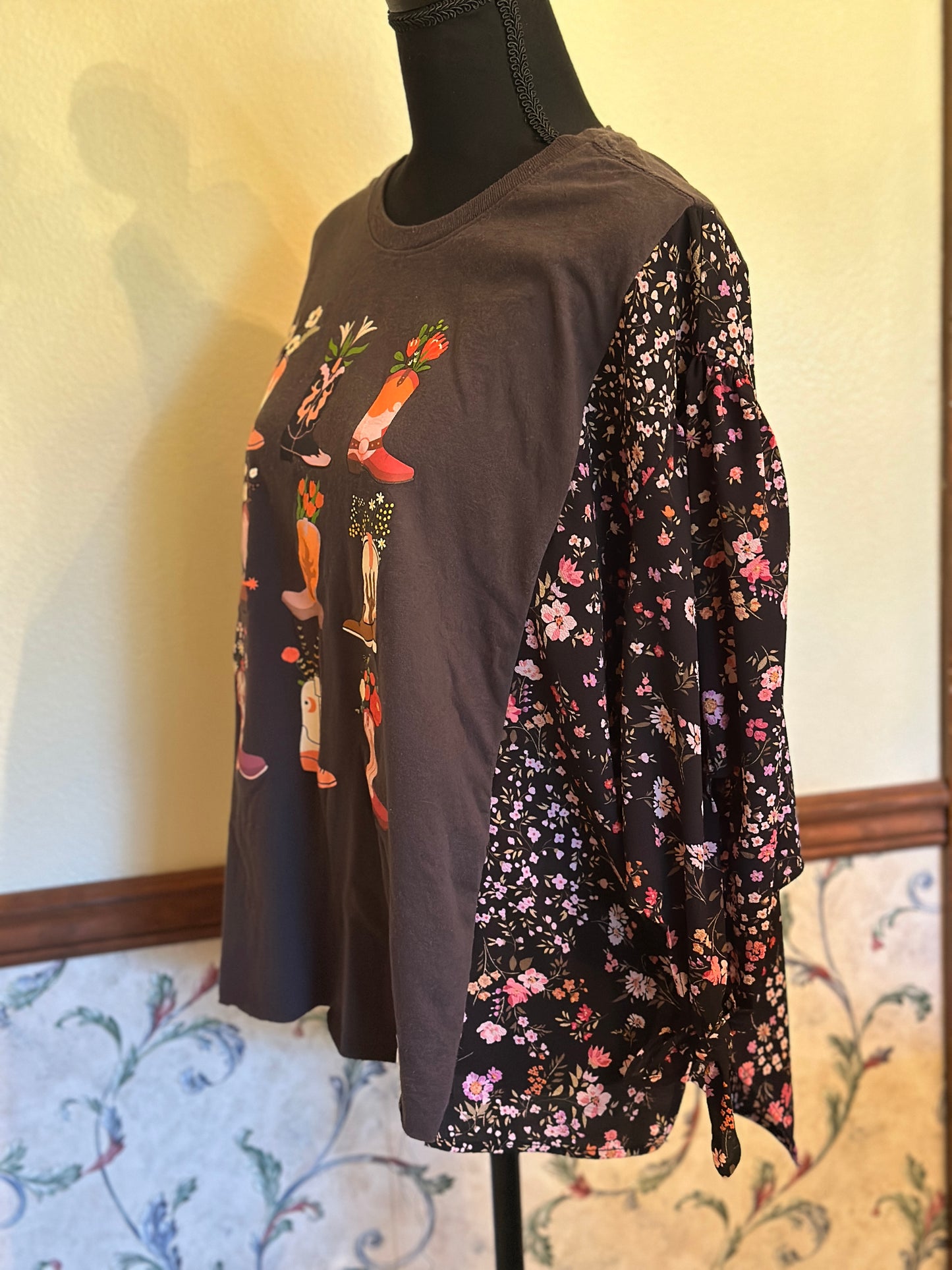 Upcycled Cowgirl Boots with Flowers Tee and Dressy Floral Tie Sleeves