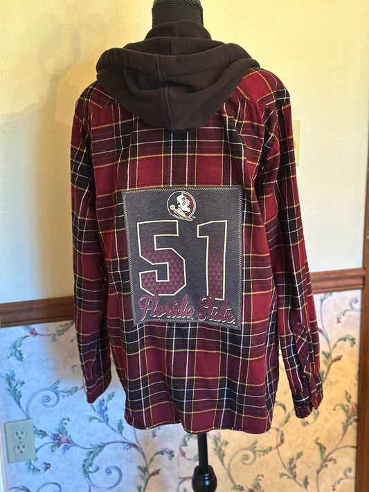 Upcycled Florida State (FSU) "51 Florida" T-Shirt Graphic on back of Hooded Flannel
