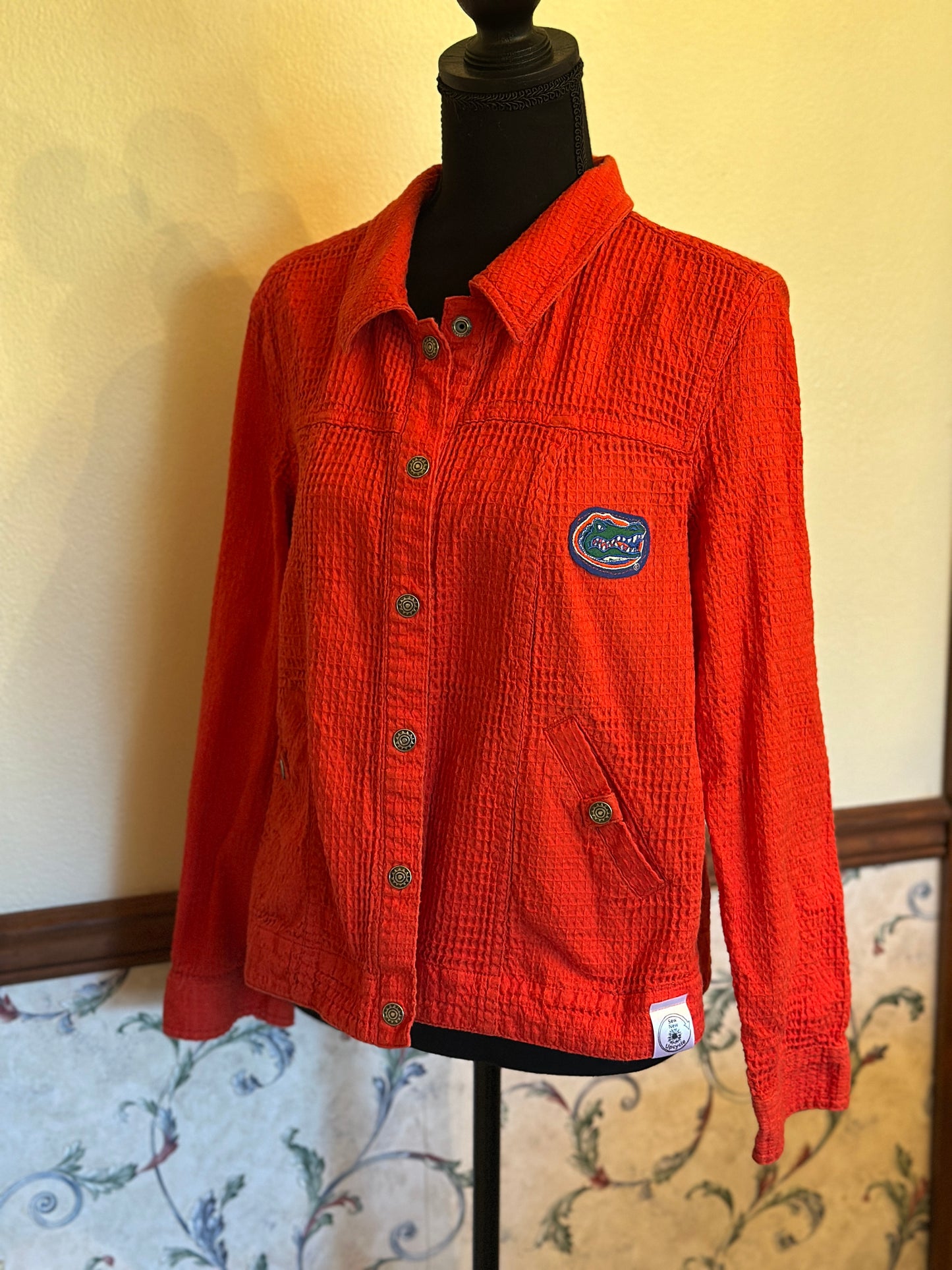 Upcycled Florida Gators UF Graphic T-Shirt to back of Orange Denim Jacket