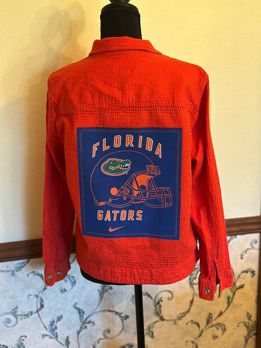 Upcycled Florida Gators UF Graphic T-Shirt to back of Orange Denim Jacket