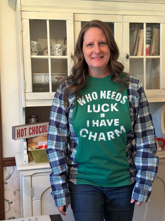 Upcycled "Who Needs Luck" T-Shirt and Men's Dress Shirt