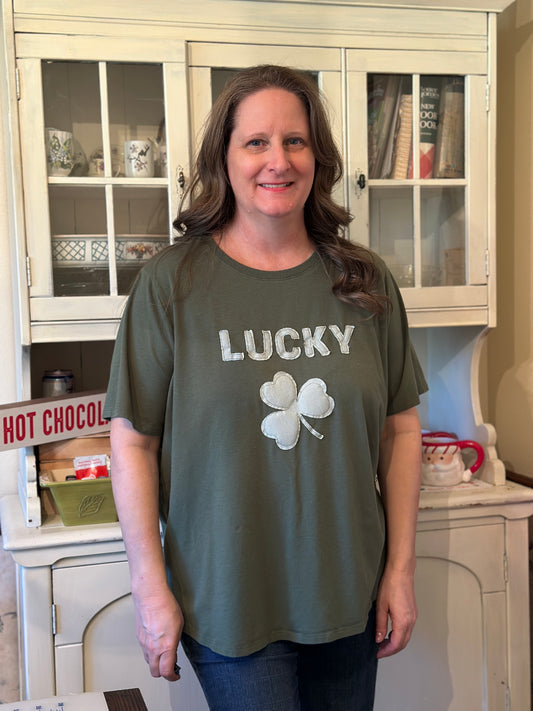 "Lucky" Upcycled T-Shirt and Handmade Fabric Lettering