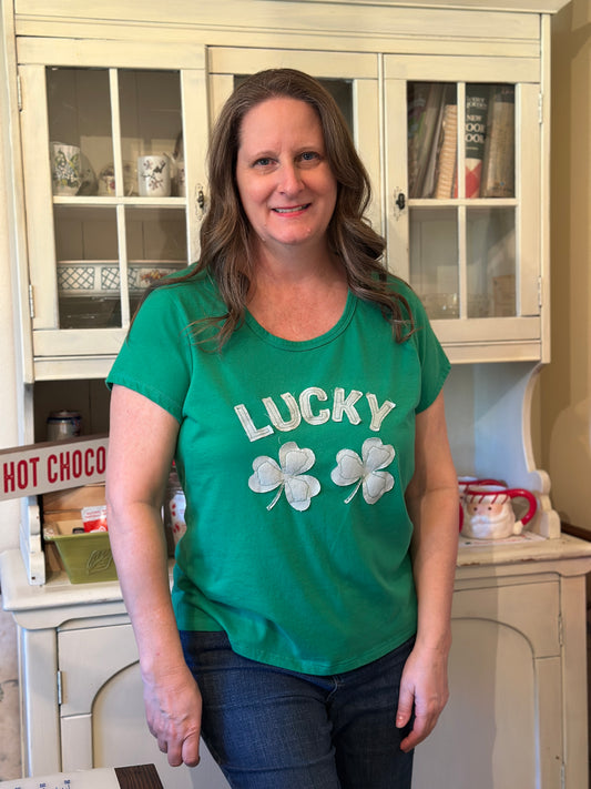 "Lucky" Upcycled T-Shirt and Handmade Fabric Lettering