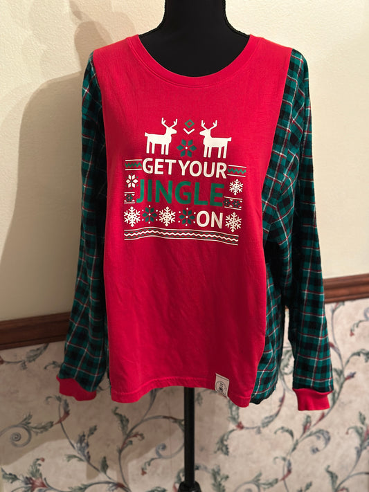 Upcycled "Get Your Jingle On" T-Shirt with Flannel Sleeves